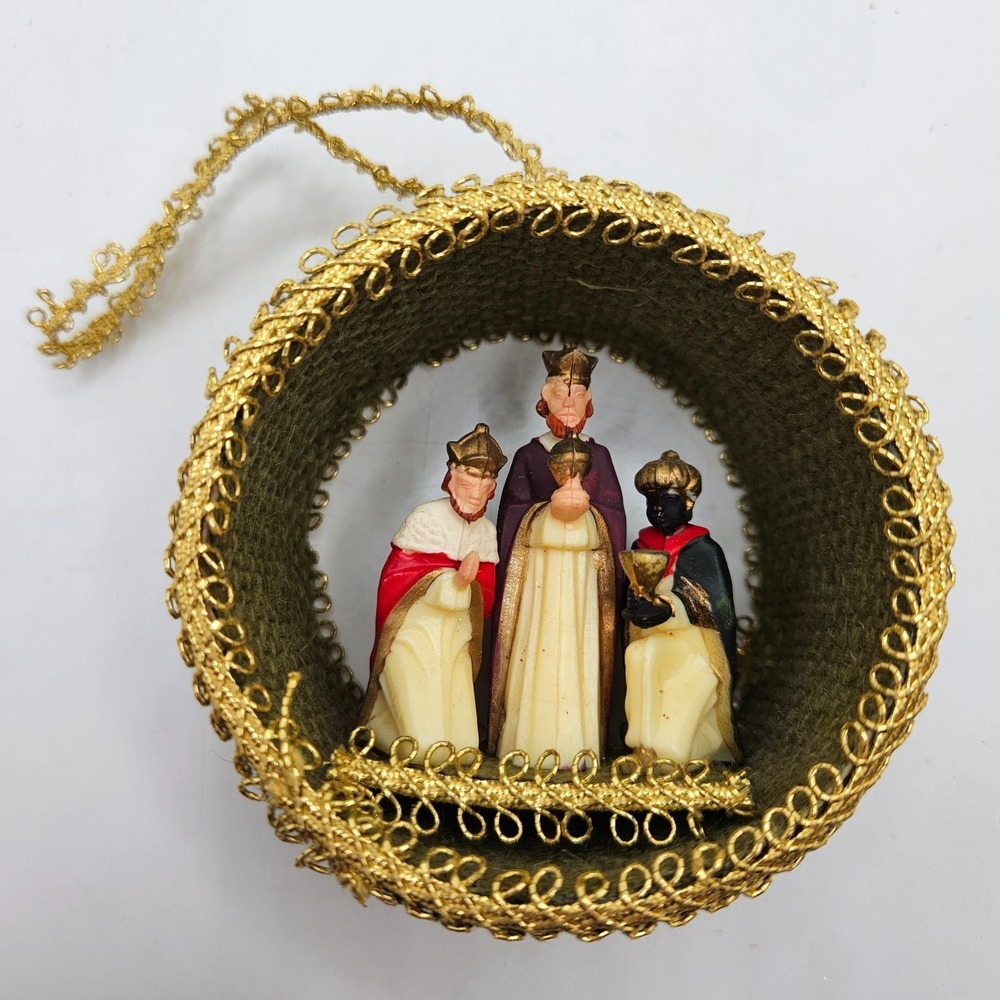 Vintage Three Wise Men Christmas Ornament Handmade Burlap Gold Trim Nativity